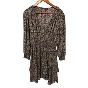 Black Tape_  Black Paisley‎ Smocked Waist Fit & Flare Long Sleeve Dress SZ PXL